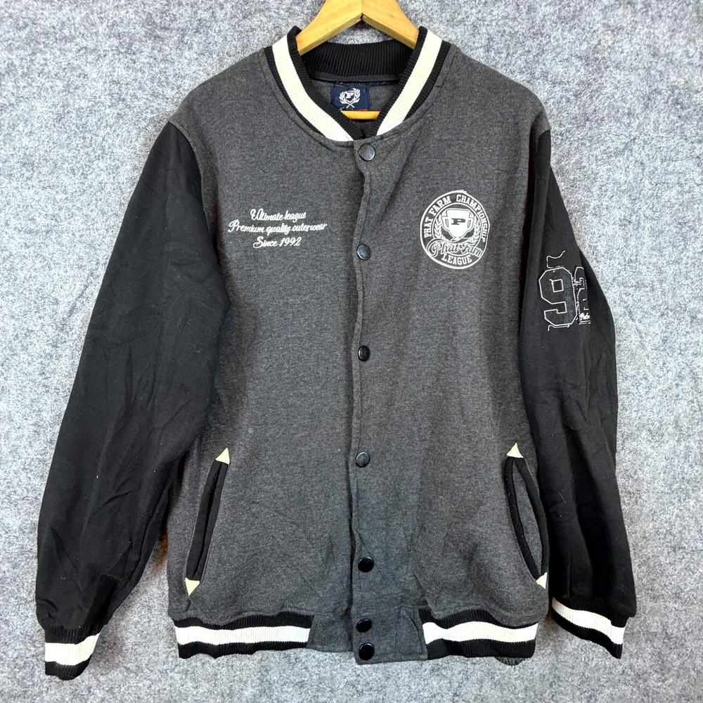 Vintage Phat Farm Varsity Letterman Jacket Mens Large Gray Black Embroidered Y2K
